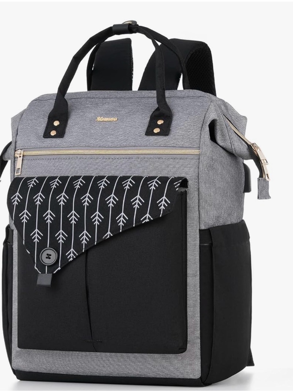 Grey and Black Women's Laptop Backpack Tote with Patterned Flap
